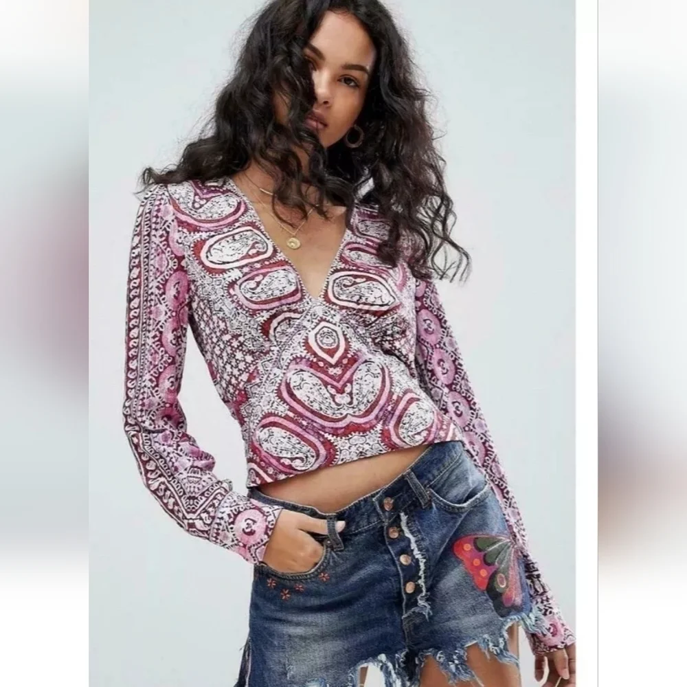 FREE PEOPLE Wild and Free Paisley Crop Top Pink Purple SP